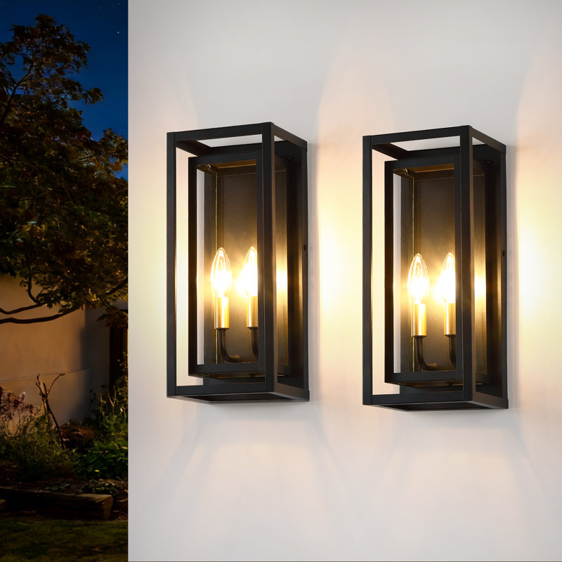 15" Classical Outdoor Wall Light With Glass Shade, Rectangular Wall Sconce In Matte Black，Waterproof