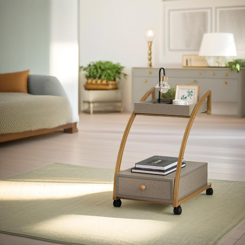 Niyia 2 Tier Metal Side Table with Wheels Cart End Sofa Accent Tables Living Room