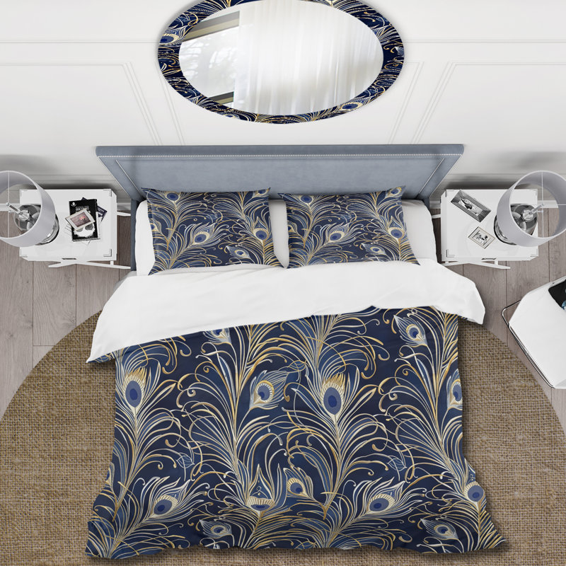 Ensemble de housse de couette Blue Boho Feathers II - Boho, Housse de couette simple et deux taies décorative