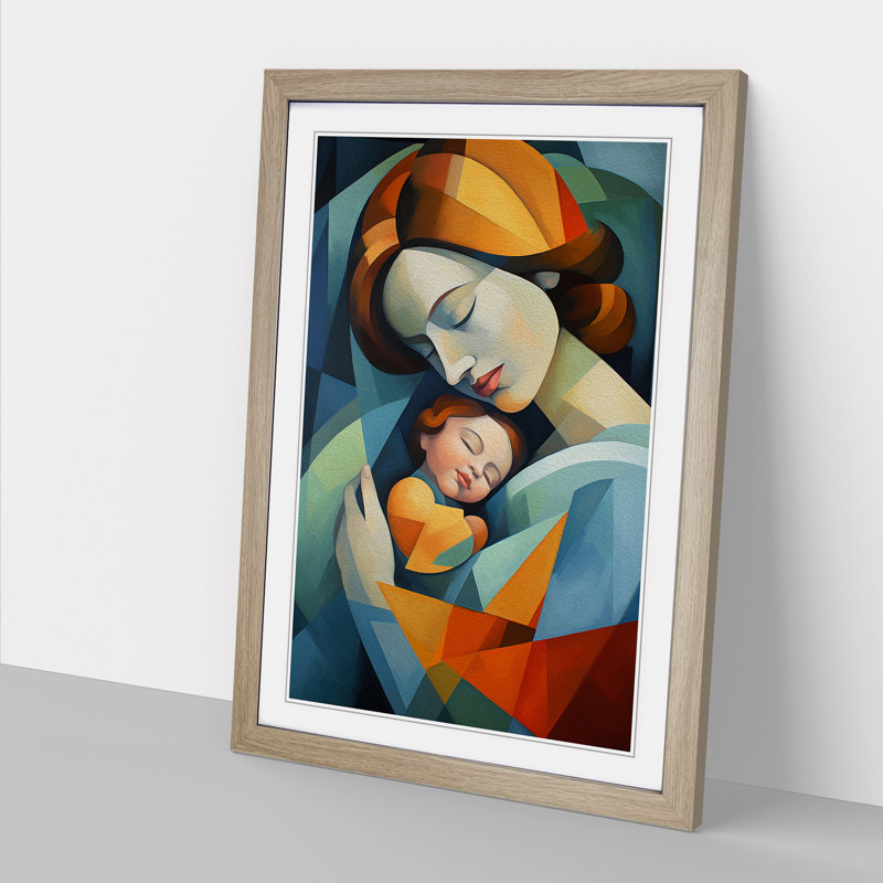 XYZ-FRM-V1223-4562 Mother And Baby Cubism No.2 - Single Picture Frame Print on Wood, Oak, 34cm H x 25cm W x 2cm D
