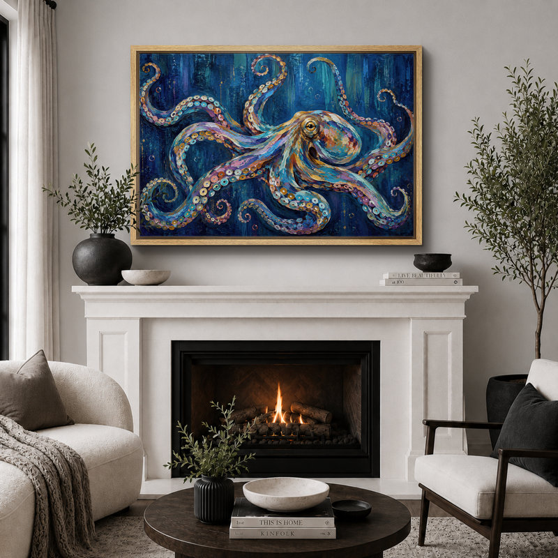 Art de pieuvre colorée, impression sur toile, impression sur toile encadrée, H 24 po x l 36 po x P 1,5 po, Cadre naturel