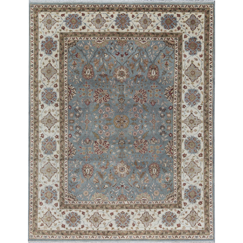 Tapis oriental en laine noué à la main bleu clair / ivoire / vert Lamani