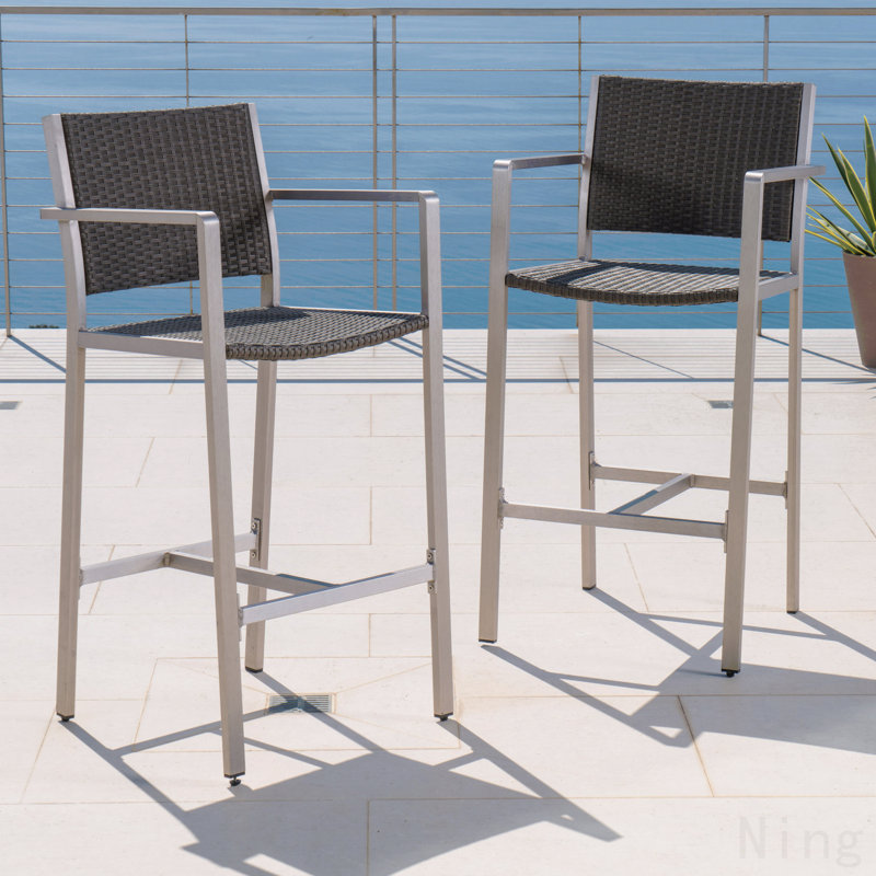 Outdoor 29.50" Rust-Proof Aluminum Barstools With Pe Rattan Seat And Backrest, Set Of 2, Silver & Grey