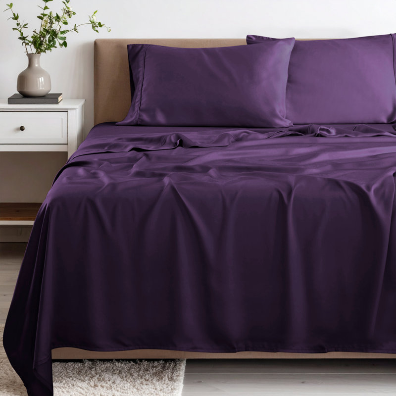 Superior 300 Thread Count 100% Rayon From Bamboo Solid Deep Pocket Bed Sheet Set, King 4pc Set, Purple