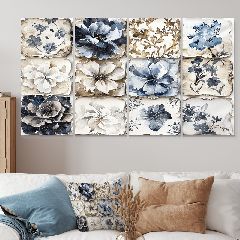 «White and Blue Floral Abstract Tiles IV - Boho Tiles», ensemble d'art mural, H 28 po x l 48 po