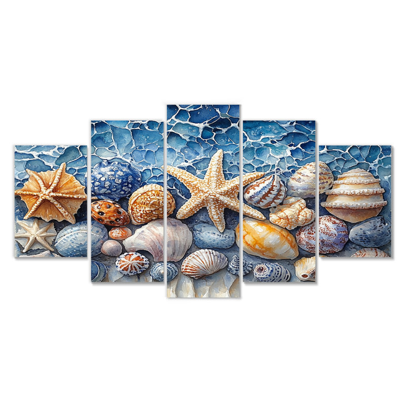 «Coastal Seashells In Blue and White Tones I», ensemble d'art sur toile coquillage