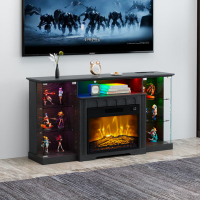 TV Stand with Glass Storage Cabinets & RGB Lights for all 23" Electric Fireplace Insertsv