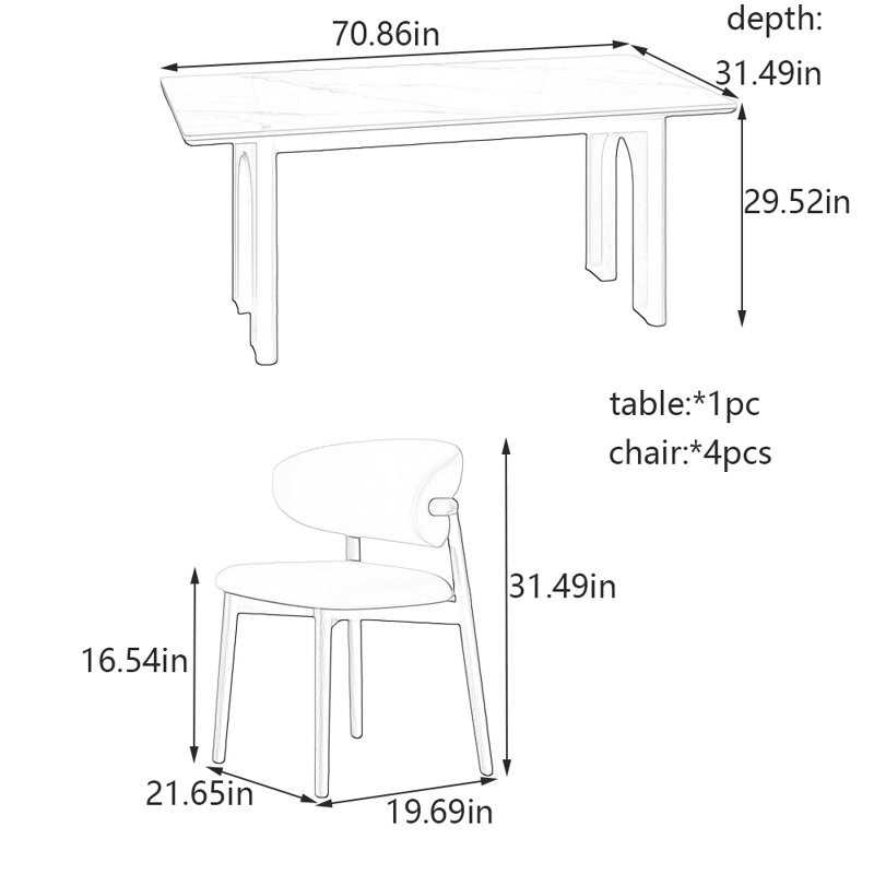 Ensemble de table et de chaises élégantes, H 29,52 po x l 31,49 po x L 70,86 po