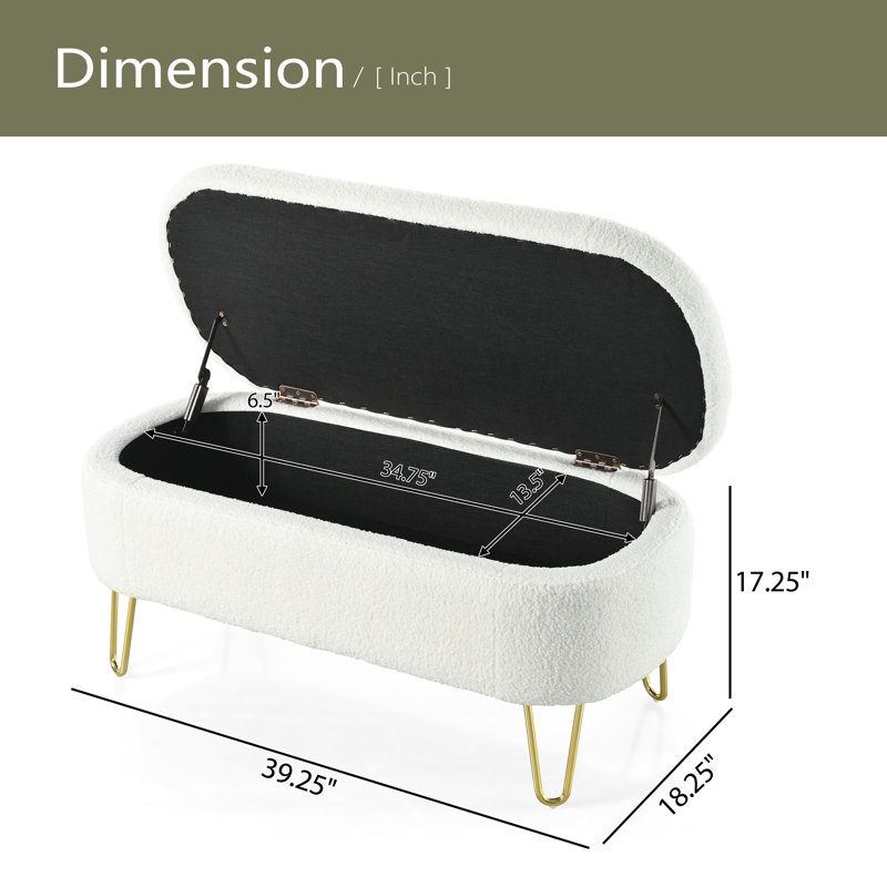 Banc de rangement ovale pour la chambre à coucher au bout du lit, repose-pieds avec rangement et repose-pieds, Crème, crème