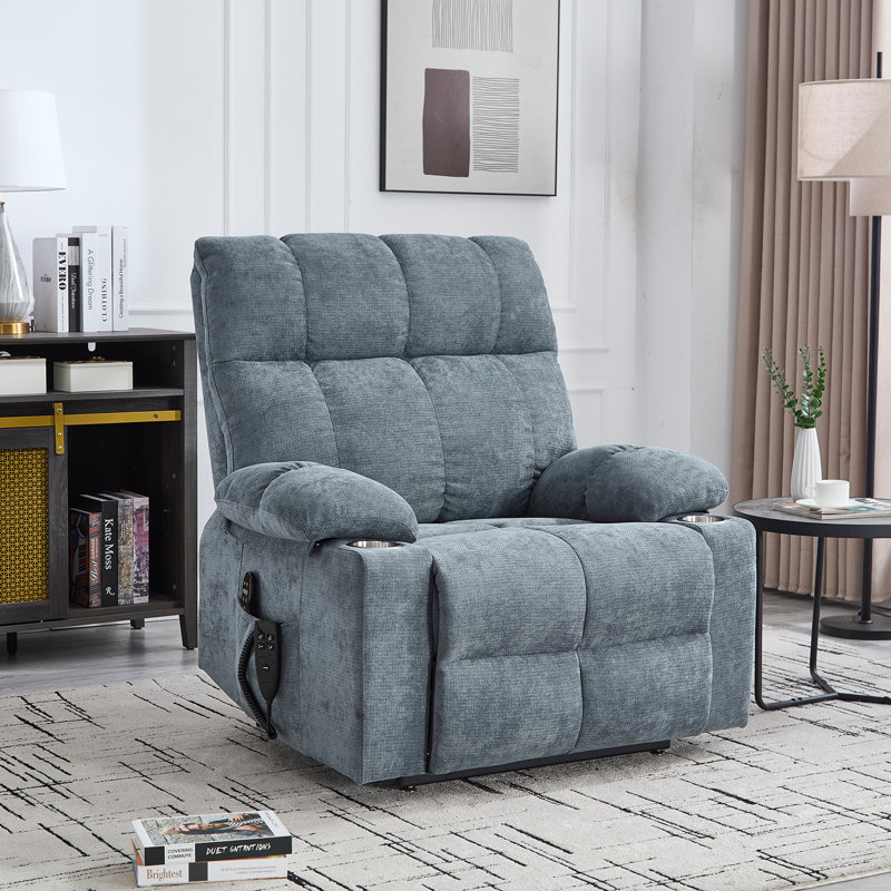 40" W Dual Motor Power Lift Recliner Oversize Chair With Massage Heating, Dual Cup Holders, Dual Side Pockets, Blue/Gray