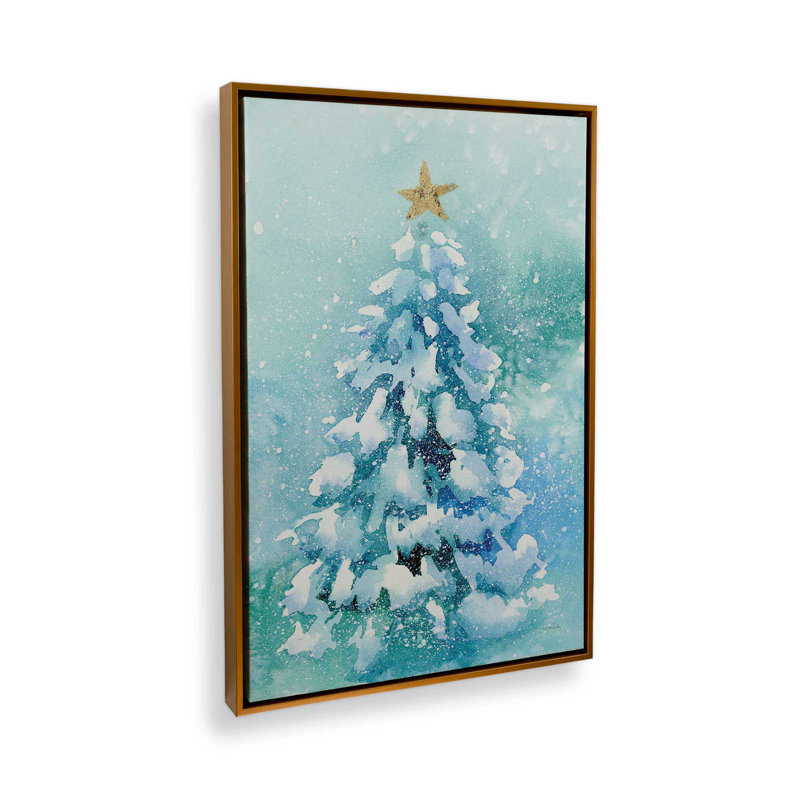 Arbre de Noël givré, reproduction sur toile dans un cadre en chrome poli, Cadre doré, H 18,75 po x l 12,75 po x P 1,75 po