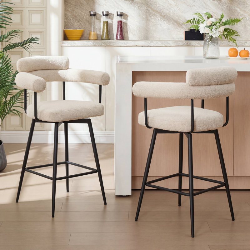 Tabouret de comptoir pivotant en lin avec dossier incurvé et structure en métal Kiylan, Lin beige