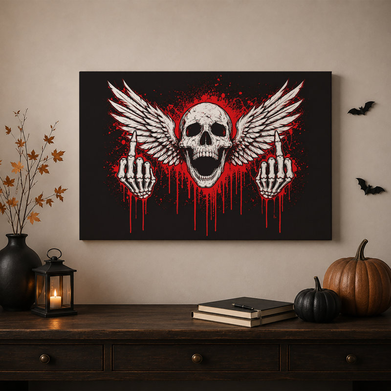 Art mural sur toile gothique à crâne ailé avec mains rouges d'Halloween, H 28 po x l 40 po