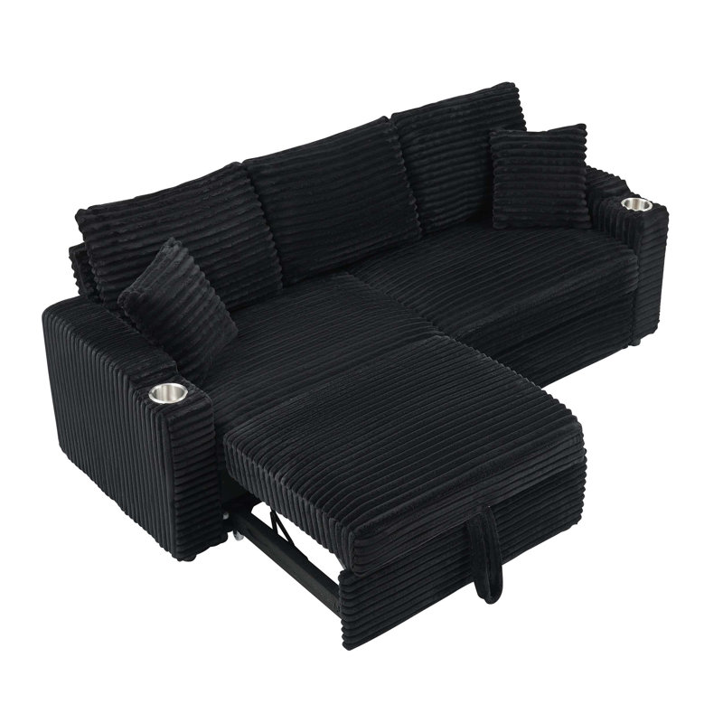 Canapé deux-en-un pliable avec fonction cachée pliable, revêtement en velours côtelé, porte-gobelet, oreiller et structure robuste pour un salon polyvalent