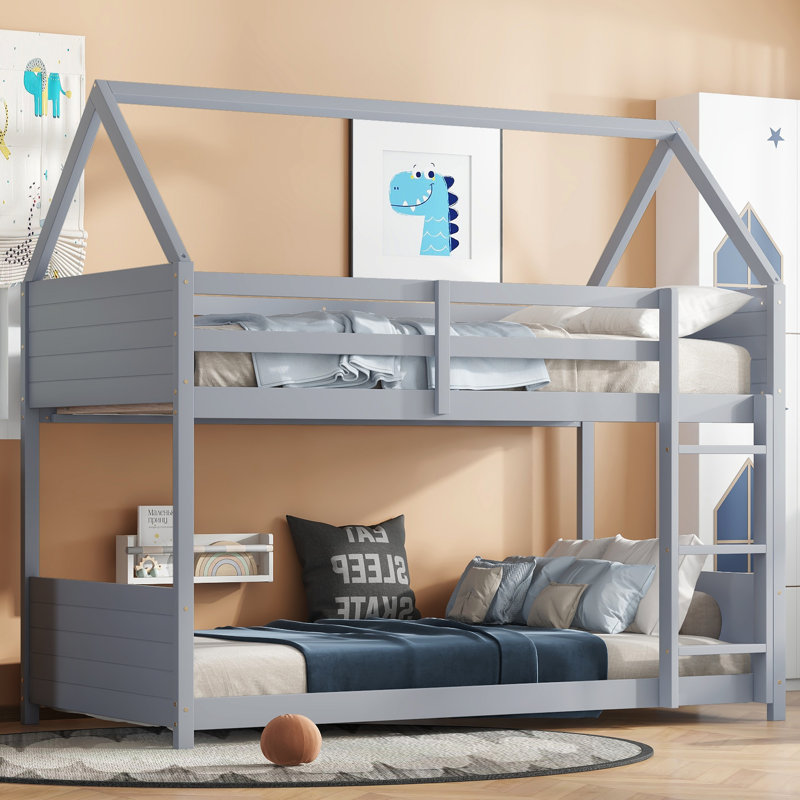 Lit superposé simple de style maison avec barrières de sécurité et échelle intégrée, Gris clair