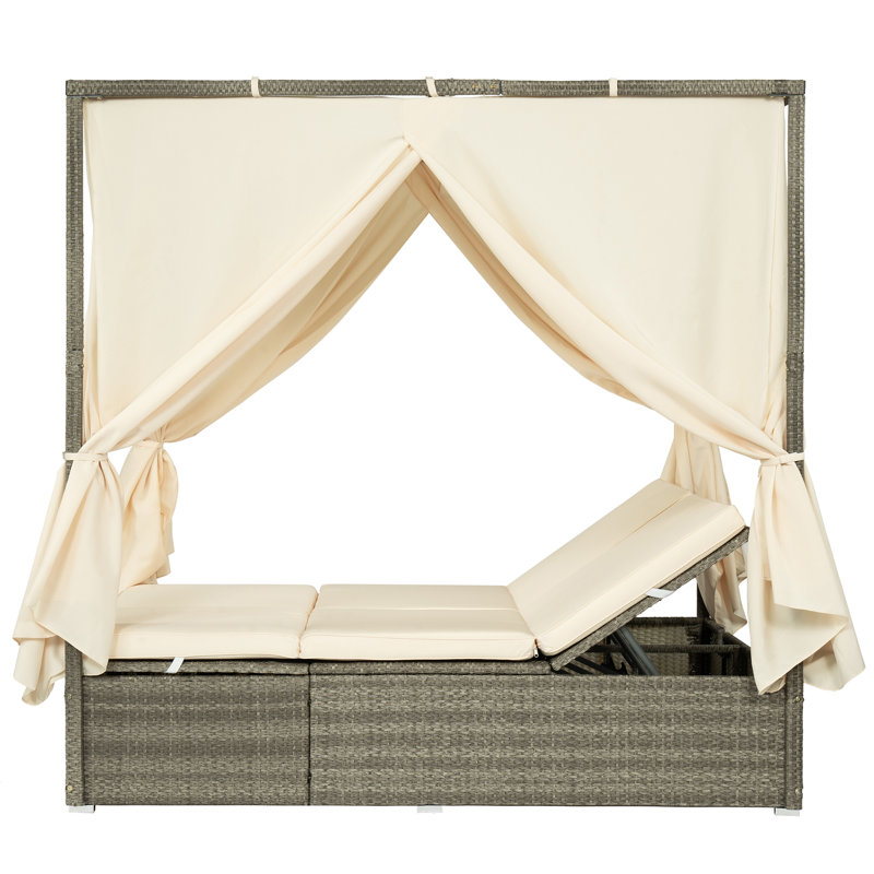 Outdoor Canopy Daybed with Cushions, Hidden Storage, Adjustable Lounge Chair, Retractable Canopy, for Patios, Beige