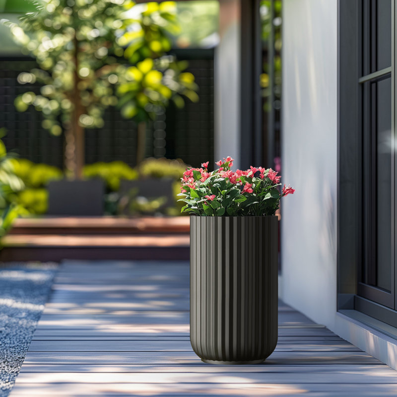 Grand pot / pot rond en béton avec trous de drainage, H 17,72 po x l 11,02 po x P 11,02 po, Noir anthracite