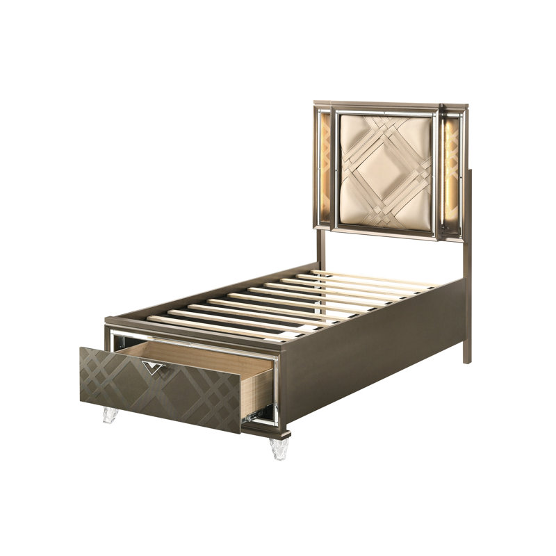 Lit double: champagne foncé, DEL, rangement, cuir synthétique Delight Grace