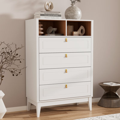Commode 4 tiroirs H 47,2 po avec tablettes ouvertes, commode haute blanche avec quincaillerie de couleur laiton et poignées en cuir véritable