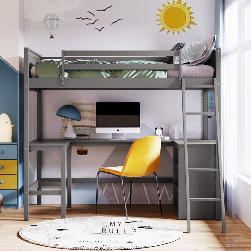  Loft Bed with Built-in Desk and Shelves, Multi-Functional Wooden Frame for Study and Storage, Grey