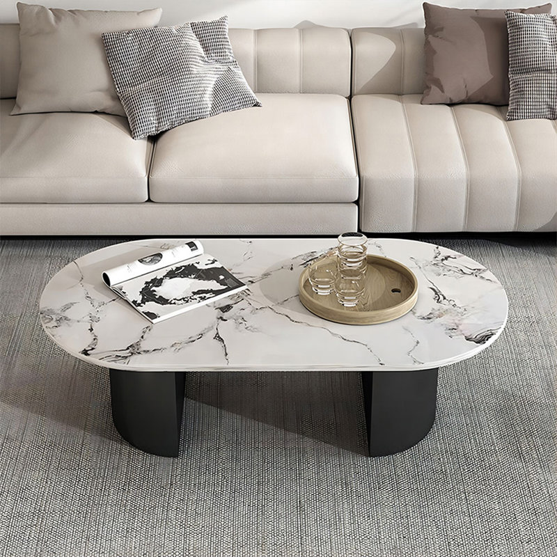 Table basse ovale en fer fritté noir, Blanc / Gris, H 17,72 po x L 47,24 po x l 23,62 po