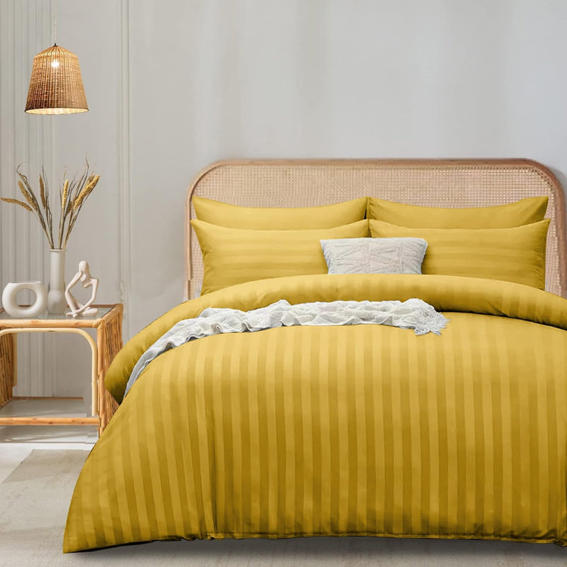 Microfiber Striped Duvet Cover Set with Pillowcases, Ochre, Double Duvet Cover Set + 2 Pillowcases