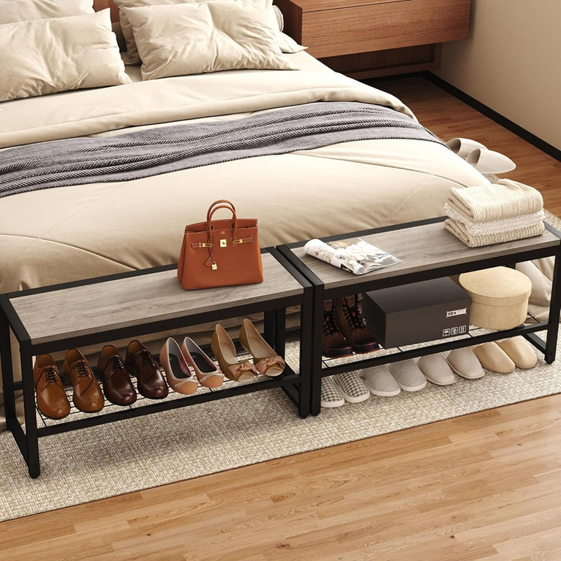Banc à chaussures à 2 niveaux avec tablette en filet, organisateur de chaussures de hall d'entrée industriel rétro avec structure en métal robuste, gris délavé