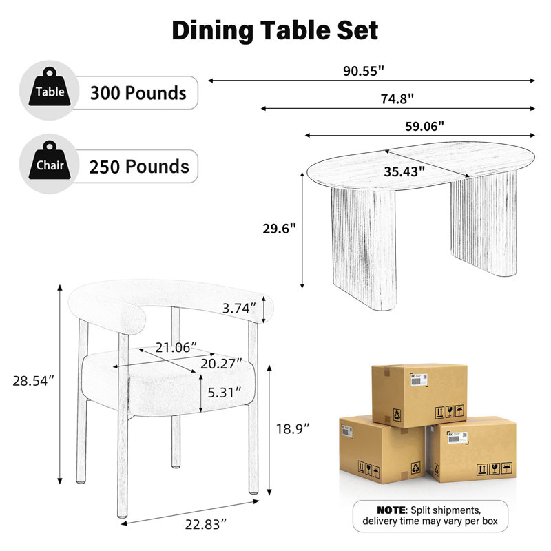 Ensemble de table de salle à manger extensible ovale en panneau de fibres à densité moyenne blanc cassé avec chaises 4/6/8 en molleton blanc, conception à deux piliers, longueur réglable, pour la salle à manger et le salon
