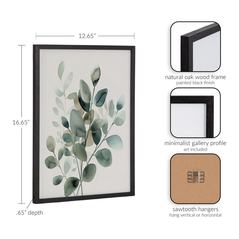 Doux eucalyptus, art mural, Cadre noir, H 12,65 po x l 16,65 po