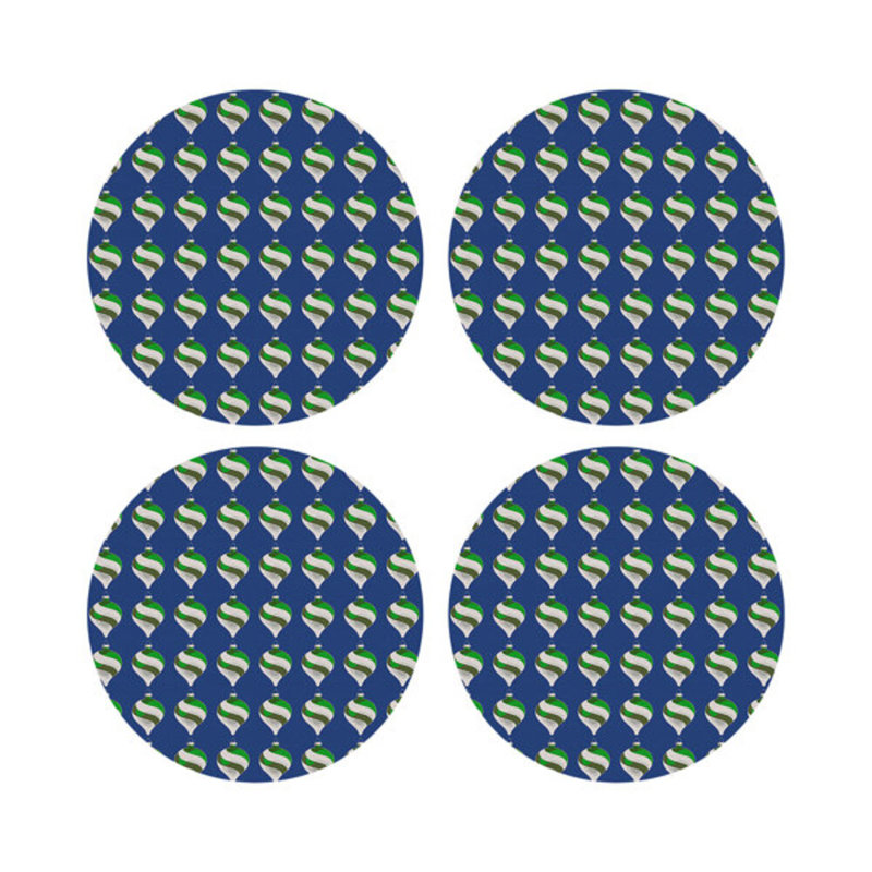Xmas Ornament Black Vegan Leather Round Coasters, Blue
