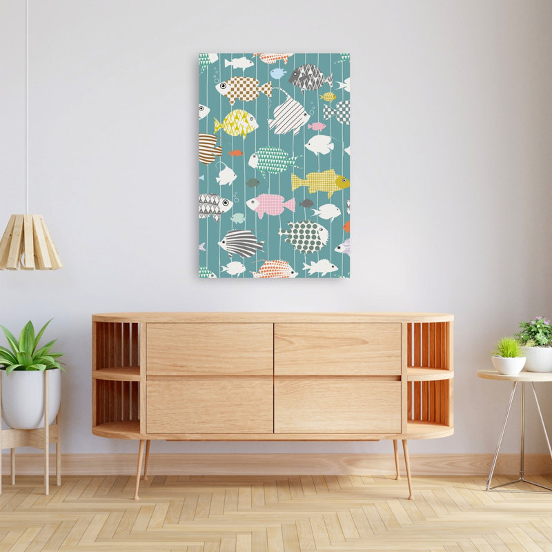 Poissons aux motifs colorés, abstrait, géométrique, océan tropical, affiche murale, H 48 po x l 32 po