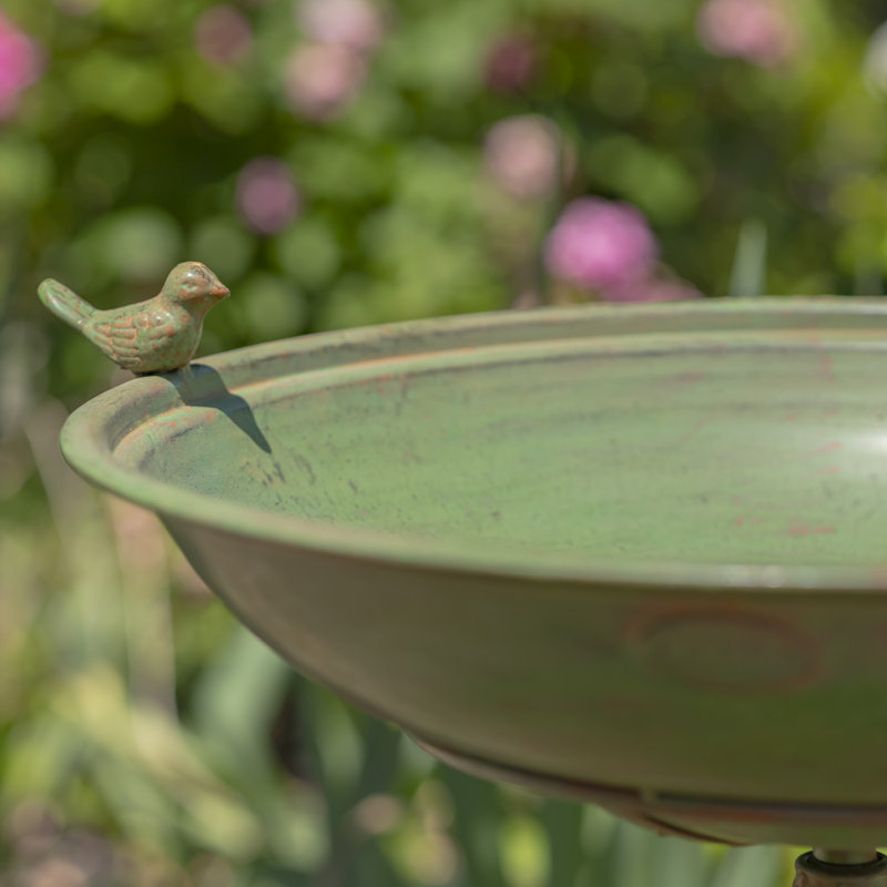 Green Ornate Metal Pedestal Birdbath with Cast Iron Birds
