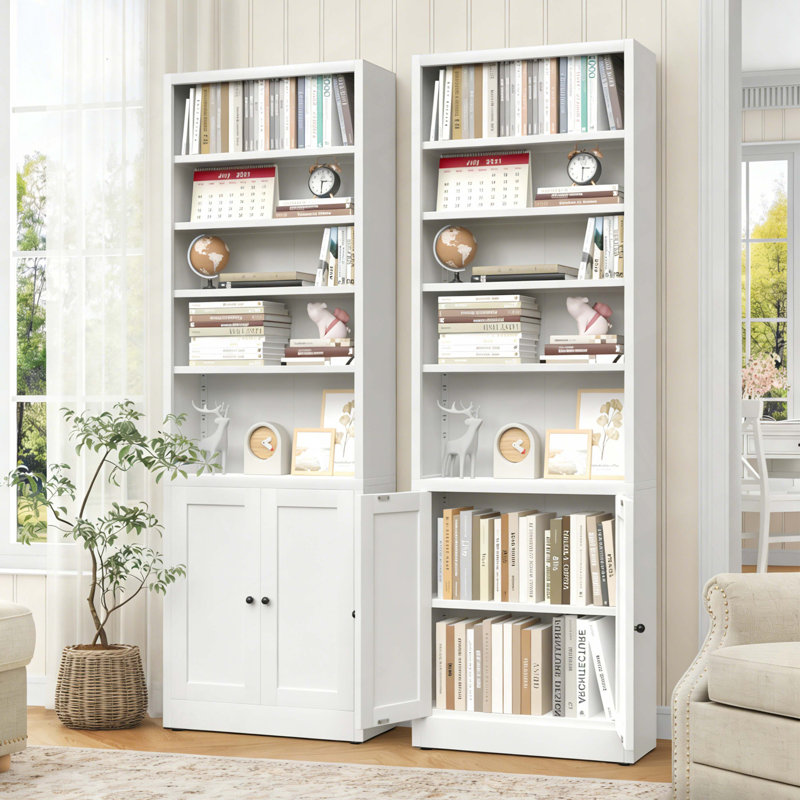 Metal Bookcase, 71 Inch Tall 5-Tier Bookshelf With Door, Industrial White Bookshelf With Adjustable Shelves, 9.2" Deep Storage Shelf For Living Room, Office, Library, Modern Home Furniture