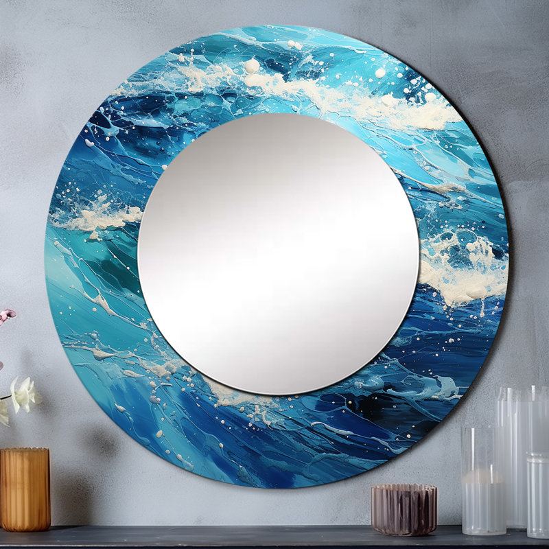 Teal White Ocean Serenade Pointillism II - miroir mural océan, miroir décoratif rond côtier, impression d'art en métal