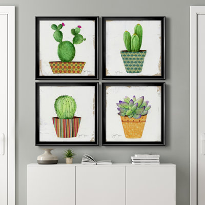 Boho Cacti I - ensemble de 4 peintures sur toile encadrées