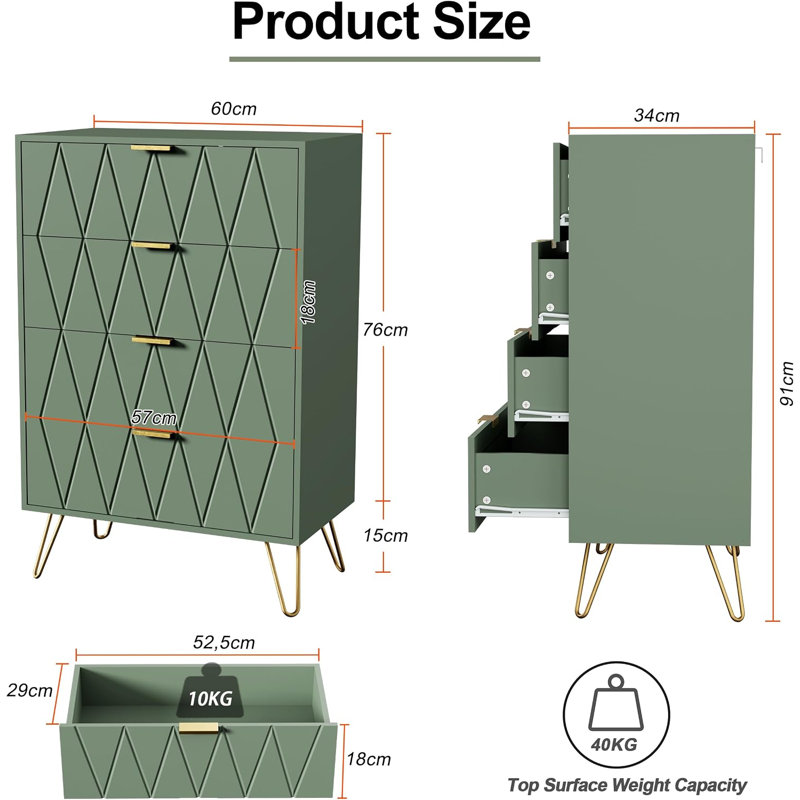 Marable 4 Drawer 59.9cm W Chest, Grey Green