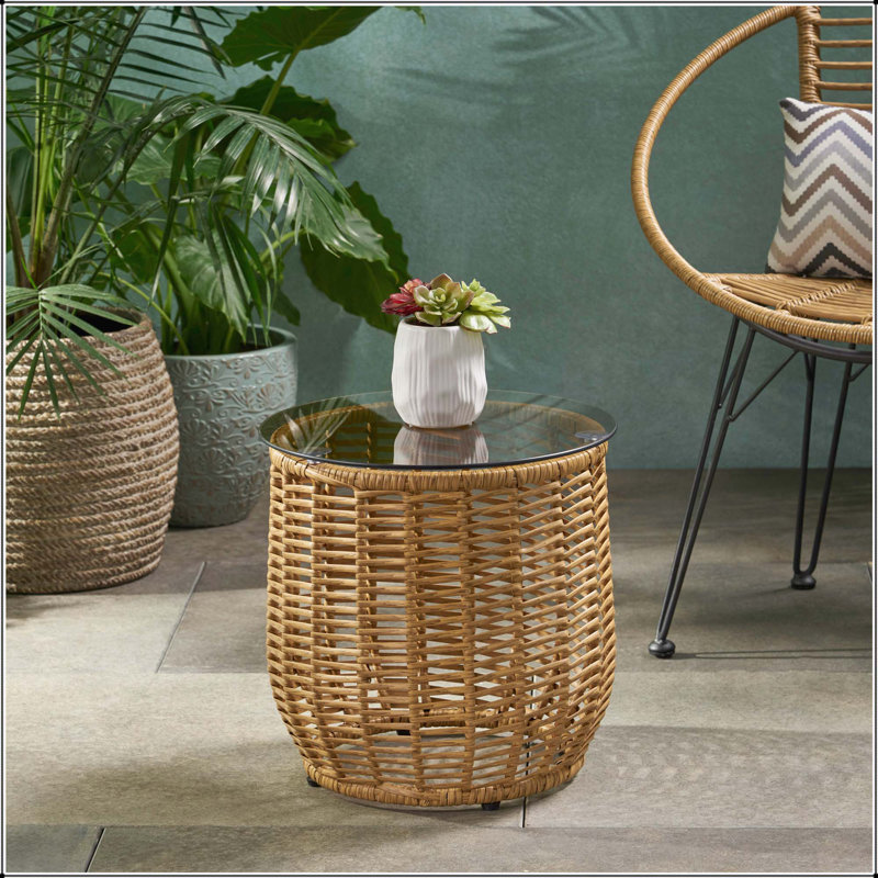 Round Glass Outdoor Side Table , 15.5 " W 15.5 " D, Light Brown