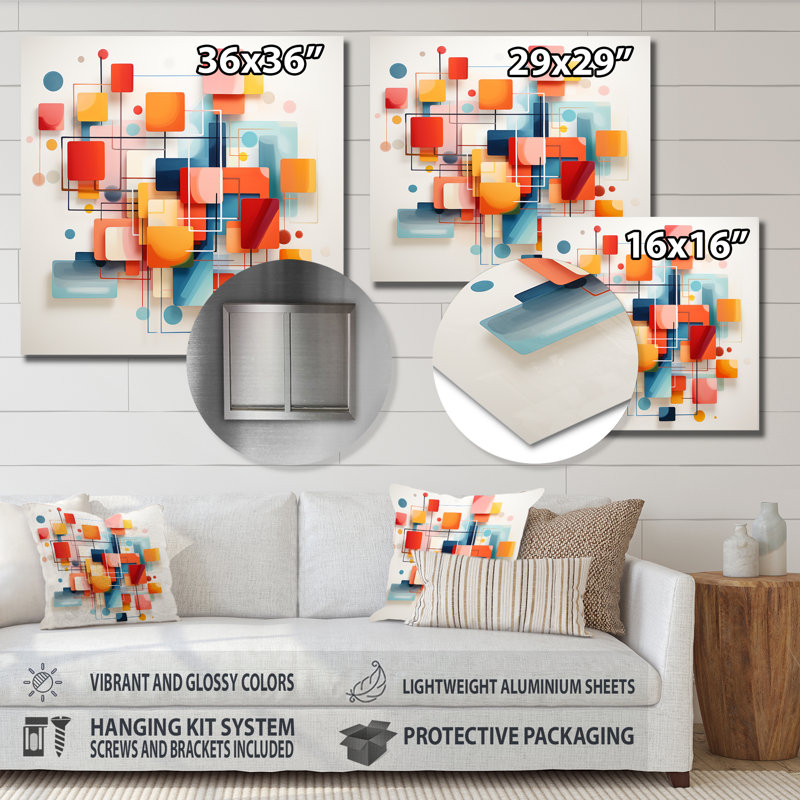 «Midcentury Square and Shapes Harmony II», art mural abstrait en métal, H 36 po x l 36 po