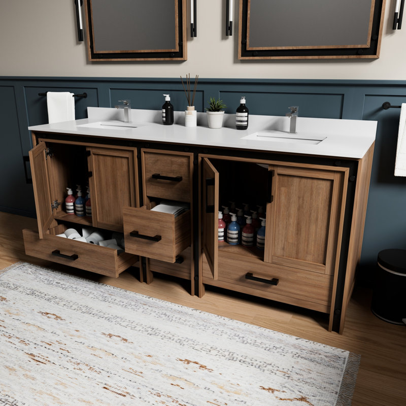Meuble-lavabo double rustique, surface en marbre de culture, robinet, 30 po Miroir, robinet de salle de bain à gratter et teinture à une profondeur de 20,83 po, finition simple, robinet