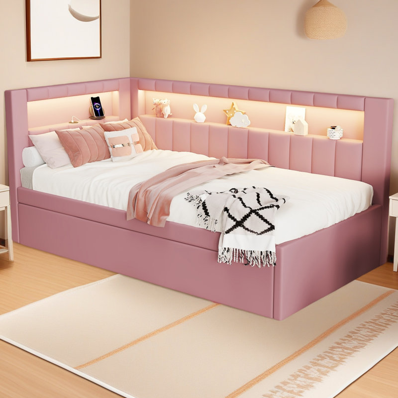 Lit plateforme tapissier simple avec ports USB et ceinture à DEL, avec lit gigogne, Rose