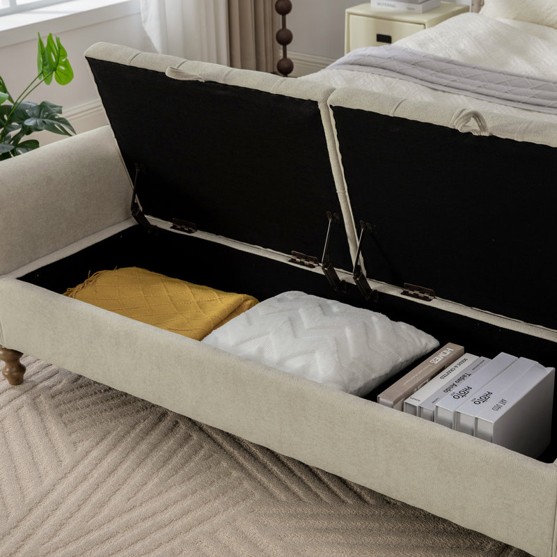 Upholstered Flip Top Storage Bench for Bedroom,Tufted Seat and Roll Arms (65.75"×20.3"×21.9"), Beige