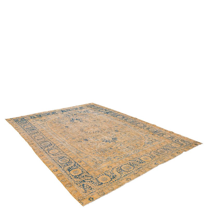 Tapis beige / bleu unique de 8 pi 11 po x 12 pi années 1990