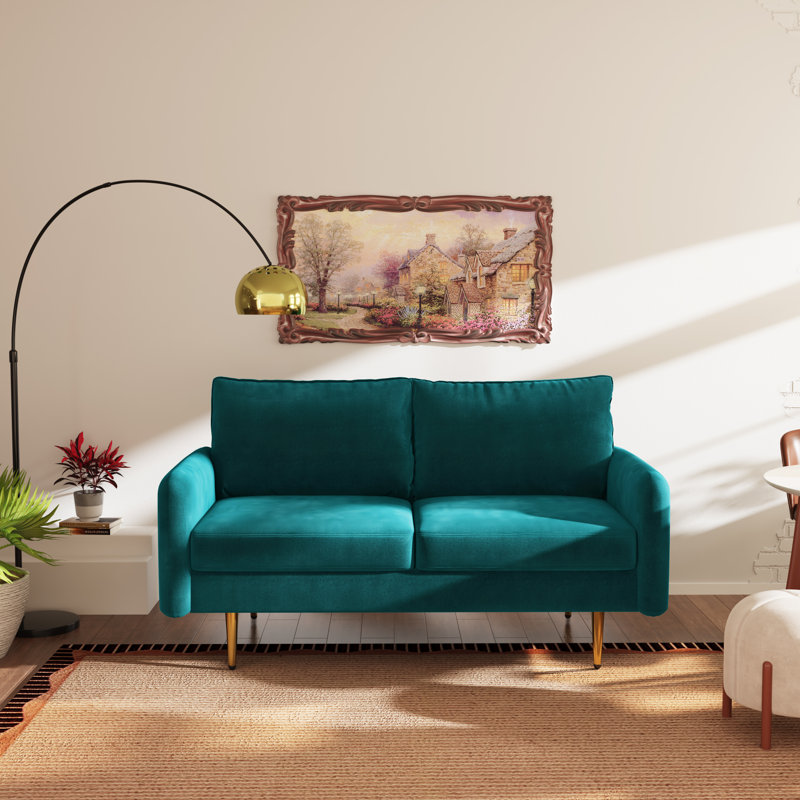 Casey 58" Velvet Round Arms Sofa Loveseat, Dark Cyan Velvet, Velvet