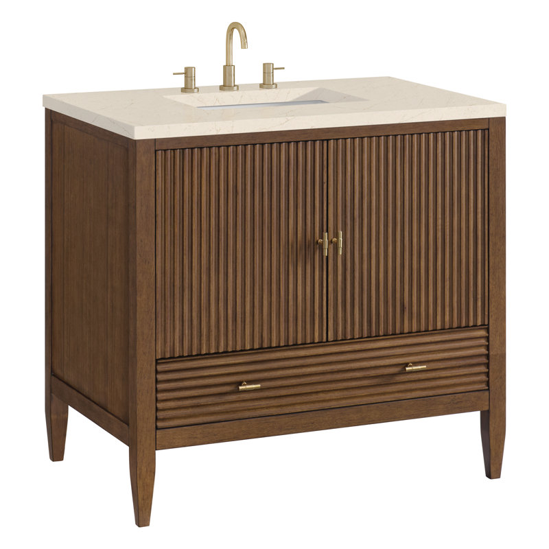 Myrrin 36'' W Single Vanity, Mid-Century Walnut, White Zeus, 8" Widespread