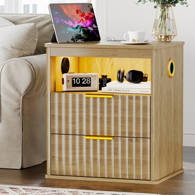 2-Drawer Smart Nightstand with RGB Lights, Bluetooth Speakers, Charging Station, Motion Sensor & Open Storage Compartment