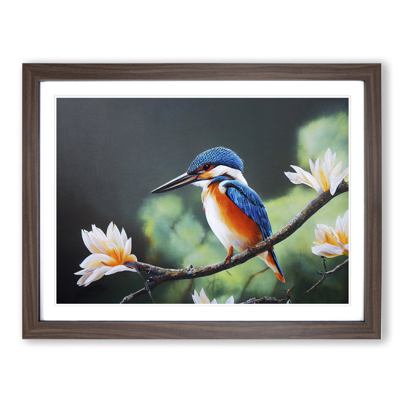 Electrifying Kingfisher Bird - Single Picture Frame Print, 46cm H x 64cm W x 2cm D, Walnut 