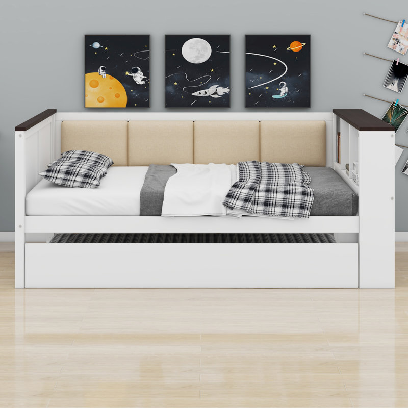 Wood Daybed With Storage Shelves, Upholstered Backrest,USB And Trundle, Full