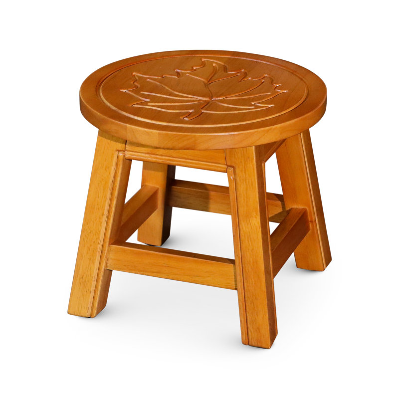Natural Wooden Step Stool, Adorned With Fascinating Maple Leaf - Functional Stool In Natural, Highlighting And Stylish