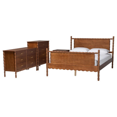 Ensemble de chambre à coucher 4 pièces Baxton Studio Montclare Bobbin Wood avec 1 table de chevet, format Queen