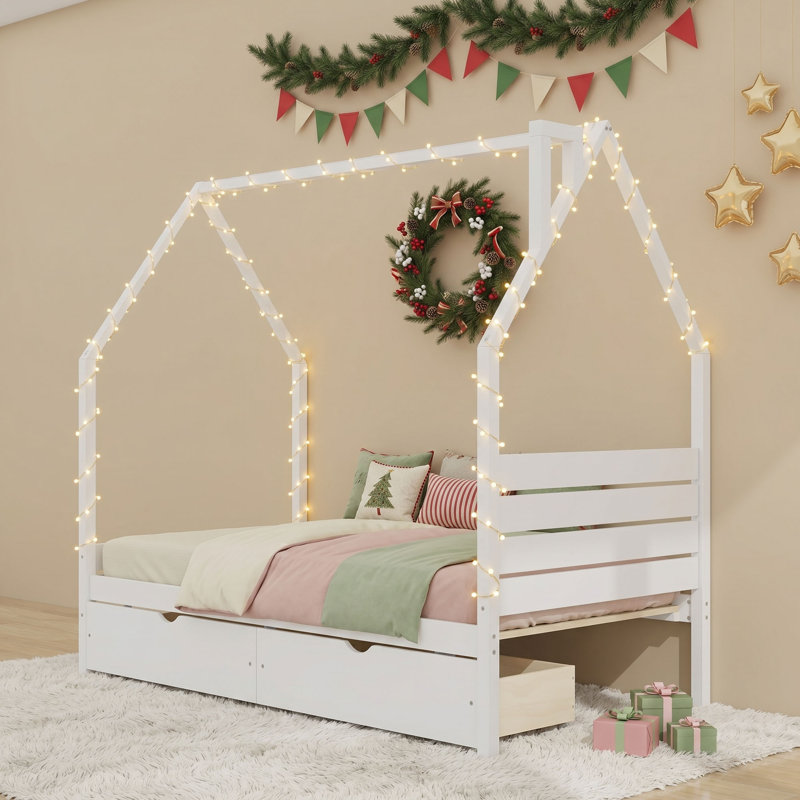 Lit en bois 2 tiroirs avec lattes robustes, Twin, White